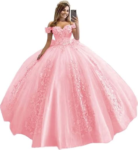 HYEC7 Off Shoulder Tulle Quinceanera Dresses 3D Flower Puffy Ball Gown