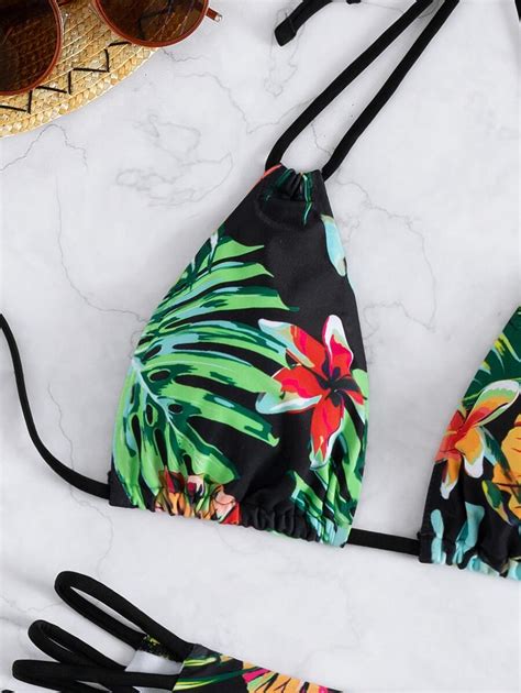 Shein Swim Vcay Random Tropical Print Bikini Set Halter Triangle Bra