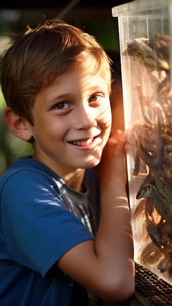 Un niño sosteniendo un contenedor lleno de insectos Foto Premium