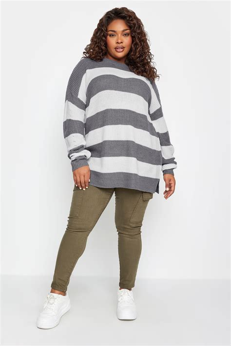 Yours Plus Size Grey Stripe Ribbed Knit Jumper Yours Clothing