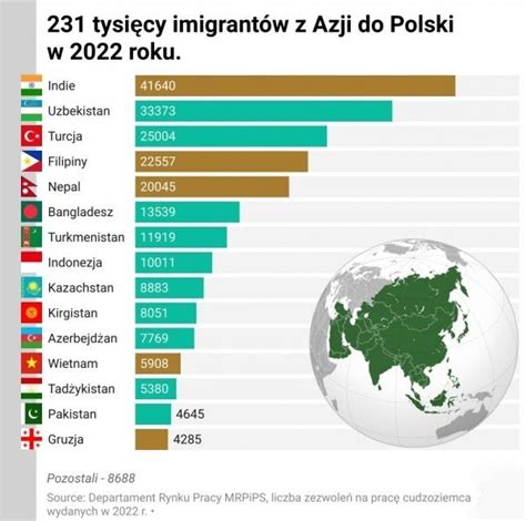 231 tysięcy imigracji z Azji do Polski w 2022 r Wykres z podziałem na