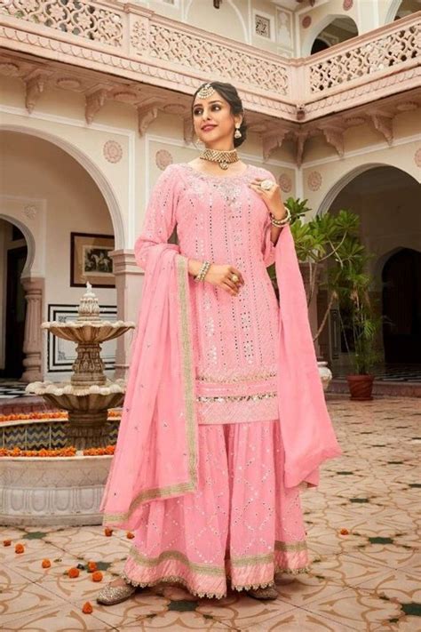 Pink Georgette Eid Sharara Suit With Embroidered SS0927