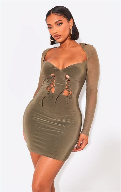 Shape Khaki Mesh Lace Up Front Long Sleeve Bodycon Dress