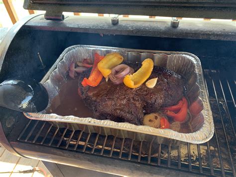 Chuck roast. Three hours on grates, three hours in braising liquid then