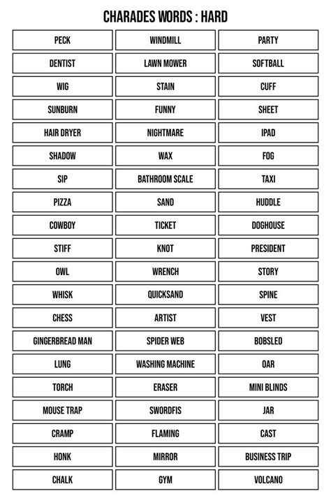 Charades Words 10 Free Pdf Printables Printablee Charades Words