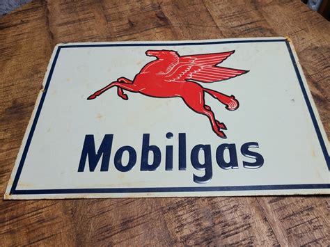 Reproduction Aged Mobilgas Pegasus Tin Sign Blue Over Cream Metal Sign