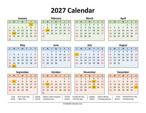 Download 2027 Calendar Printable With Us Holidays, weeks start on Sunday