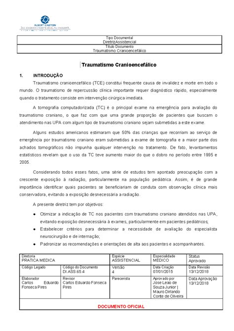Traumatismo Cranioencefálico - Diretoria PRATICA MEDICA Espécie ASSISTENCIAL Especialidade
