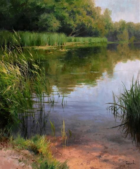 An Oil Painting Of A River With Reeds And Grass In The Foreground On A