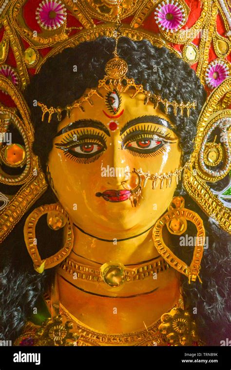 A Close Up Face Of Goddess Maa Durga Idol A Symbol Of Strength And