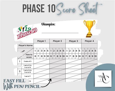 Phase 10 Card Game Printable Score Card Phase 10 Pdf Score Sheet Digital Download Score Sheet