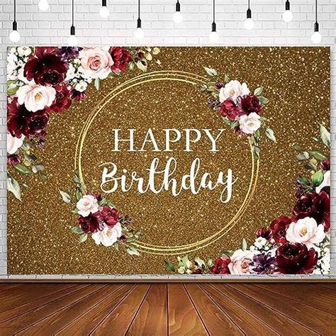 Sensfun Burgundy Floral Happy Birthday Backdrop Flowers Wreath Dark Bokeh Glitter