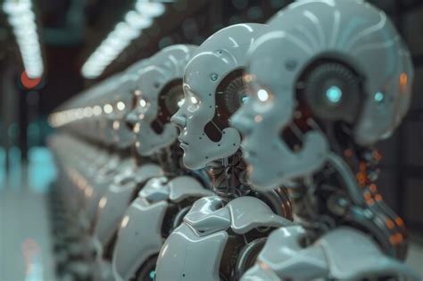 A Row Of Identical White Humanoid Robots Standing In Formation