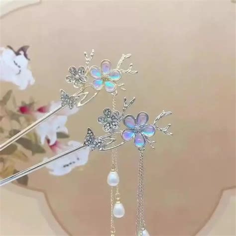 Chinese Style Flower Rhinestone Hair Stick Ancient Style Pearl Tassel