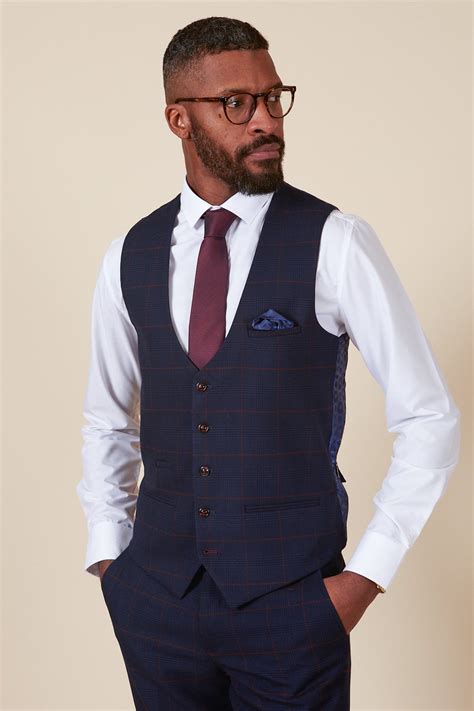 Edinson Navy Wine Check Three Piece Suit Marc Darcy