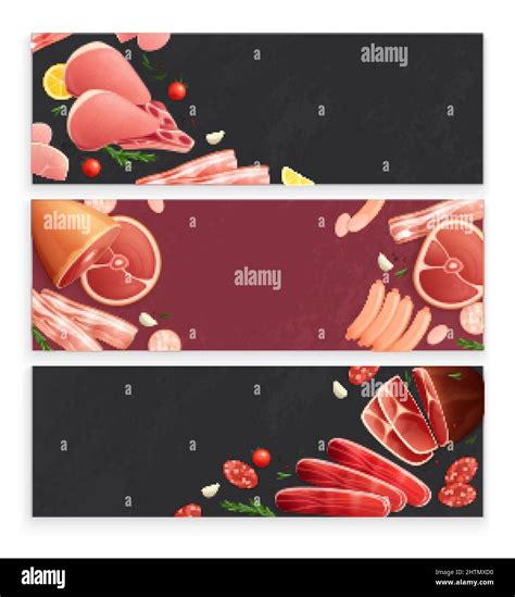 Butcher Shop Meat Products 3 Flat Appetizing Background Banners With