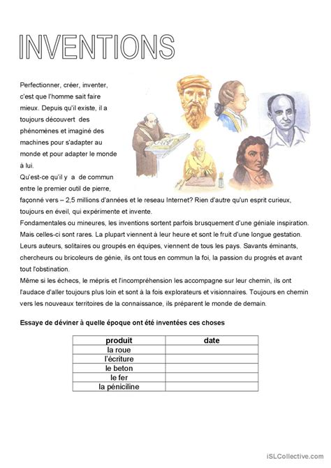 Inventions compréhension générale de English ESL worksheets pdf doc