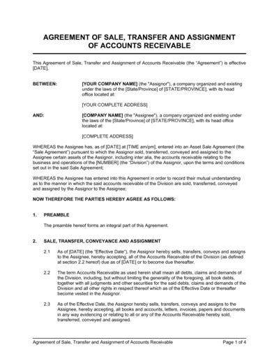 Agreement Of Sale Transfer And Assignment Of Accounts Receivable Template Download