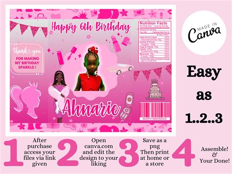 Barbie Editable Chip Bag Party Favor Canva Template Pink Party Printables Black Barbie Chip