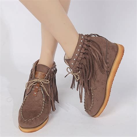 Vkekieo Ankle Boots For Women Low Heel Flat Toe Flat Heel Flats Fringe