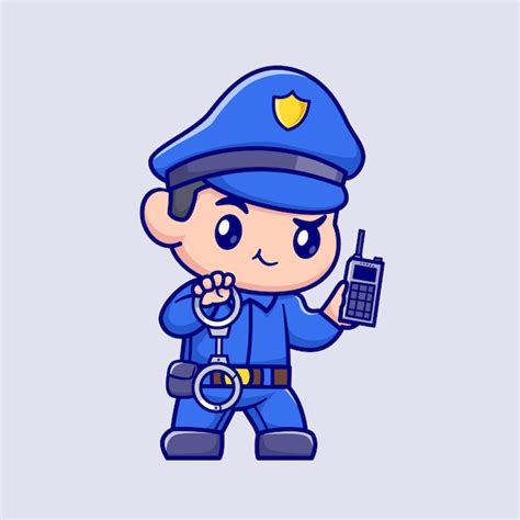 Schöne Polizei Walkie Talkie und Handschellen hält Cartoon Vector