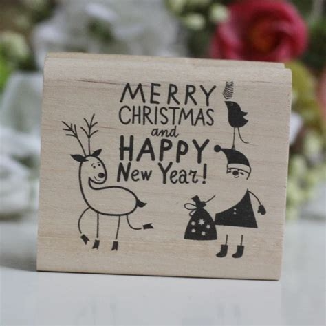 Handmade Merry Christmas Happy New Year 6 7cm Wooden Rubber Stamps For