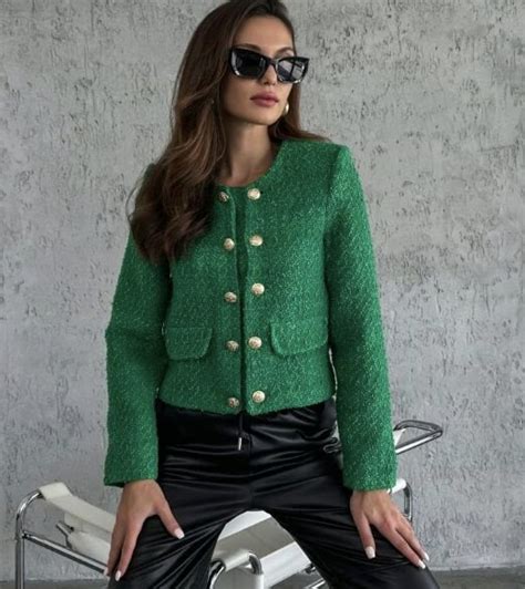 Green Tweed Jacket Women Blue Tweed Blazer Women Boucle Jacket Wool