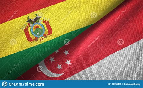 Bolivia And Singapore Two Flags Textile Cloth Fabric Texture Stock