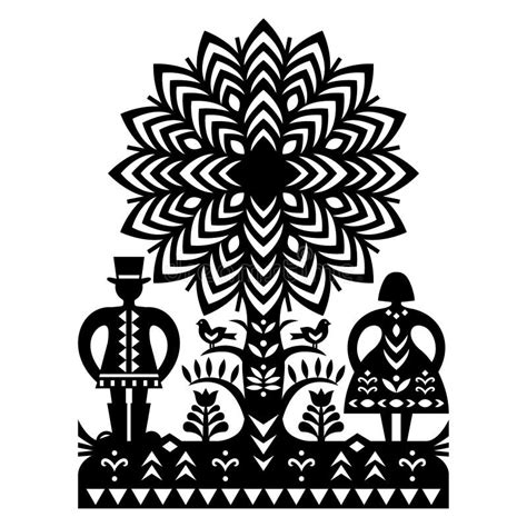 Polish Folk Art Vector Pattern With Man In Hat Woman And Birds