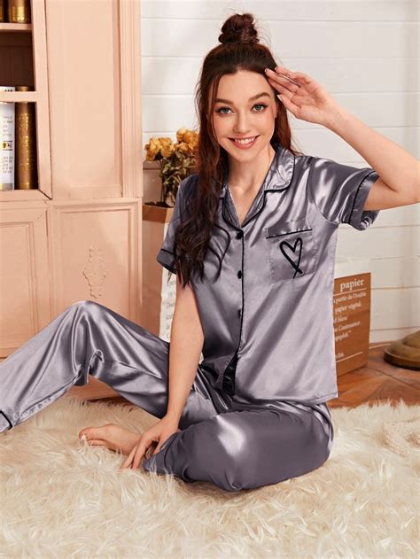 Heart Embroidery Piping Trim Satin Pj Set Roupas Da Moda Feminina