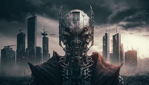 Premium AI Image | A modern robot scary portrait and the city in the ...