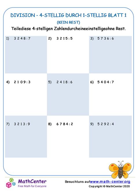 Vierte Klasse Arbeitsblätter Einstellige Divisoren Math Center