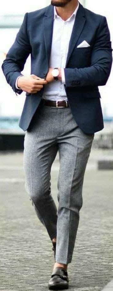 Dark Blue Navy Blazer White Shirt Light Grey Trousers Brown