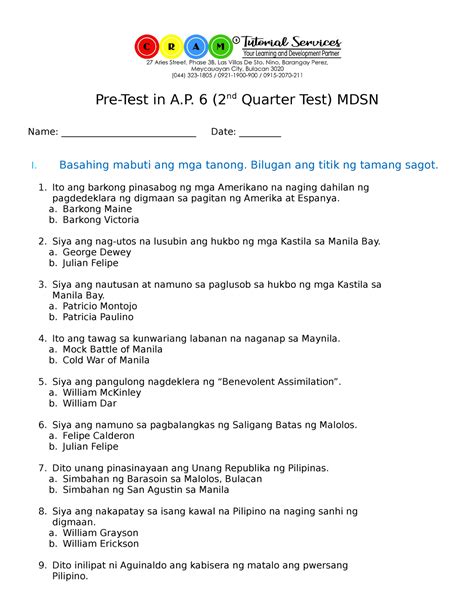 PRE TEST IN Araling Panlipunan 6 2ND Quarter Pre Test In A 6 Nd