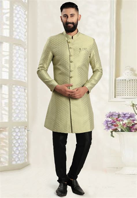 Pista Green Jacquard Indo Western Sherwani