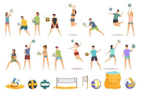 Beach Volleyball Icons Set Cartoon Vector Net Court