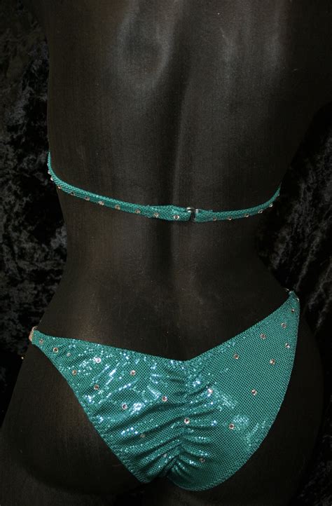 Style Jade Green Metallic Competition Bikini With Rhinestone