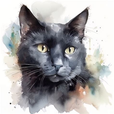 A Watercolor Painting Of A Black Cat With Yellow Eyes