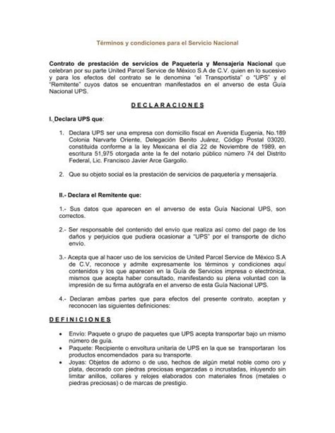 Términos Y Condiciones Para El Servicio Nacional Contrato De Ups