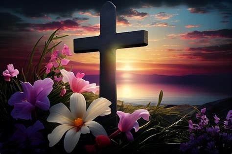 Premium Photo | Easter sunrise with a cross and liliesgenerative ai