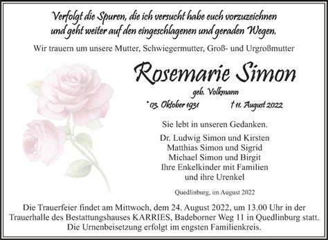 Traueranzeigen Von Rosemarie Simon Abschied Nehmen De