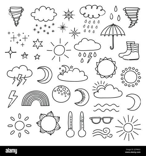 Collection Of Doodle Outline Weather Icons Including Sun Clouds Rain