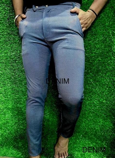 Solid Stone Blue Men Denim Lycra Lower Slim Fit Size Xl At Rs