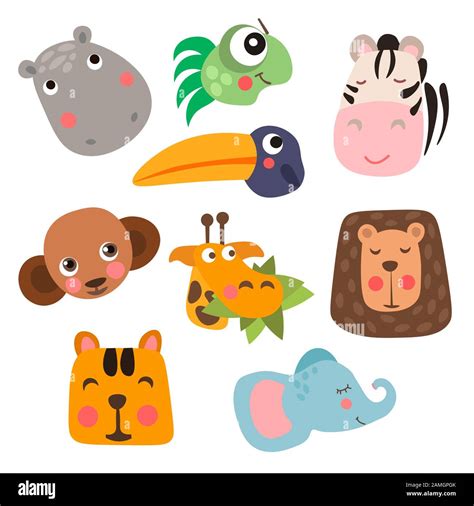 Cute Safari Animal Faces In Flat Style Isolated Vector Illustration