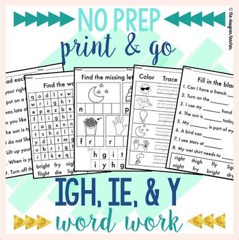 No Prep Long I Igh Ie Y Phonics Worksheets And Vowel Teams Word Work