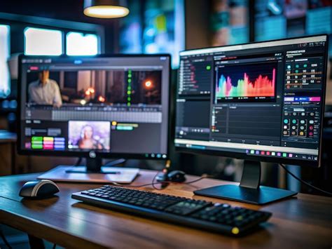 Video Editing Workstation With Two Monitors Editing Software Interface