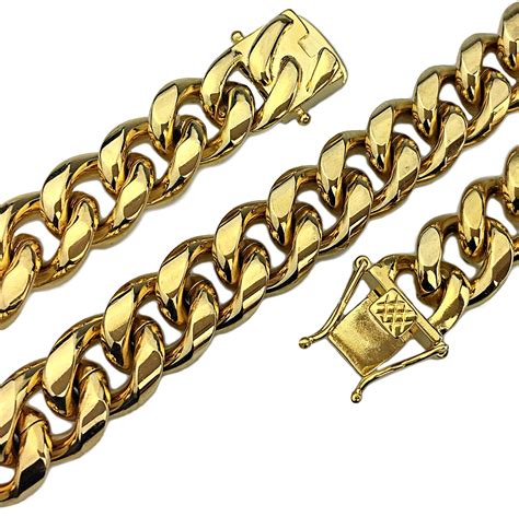 Mens 24k Gold Plated Cuban Chain Necklace 24 Stainless Steel 14mm