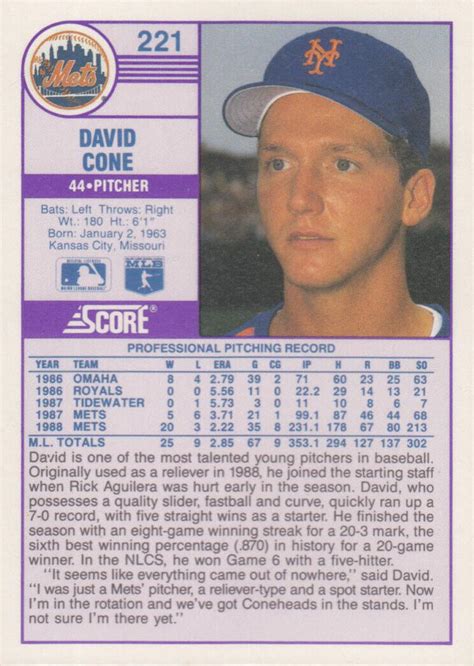 1989 Score - Promos #221 David Cone | Trading Card Database