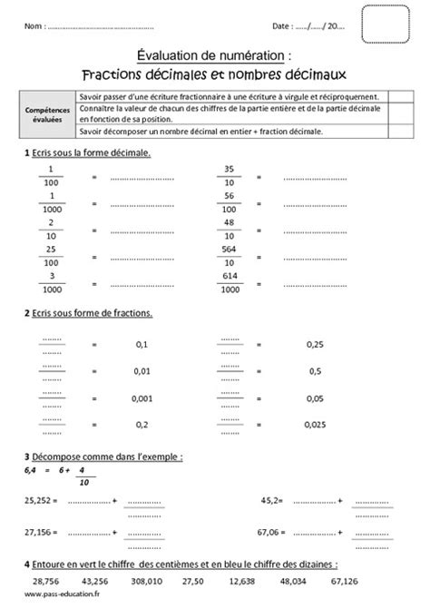 Fractions Décimales Nombres Décimaux Cm1 Bilan Pass Education