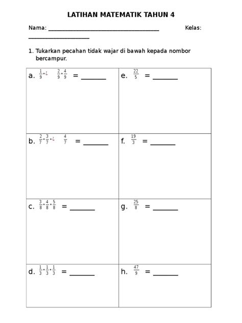 Latihan Matematik Tahun 4 Pecahan Ptw